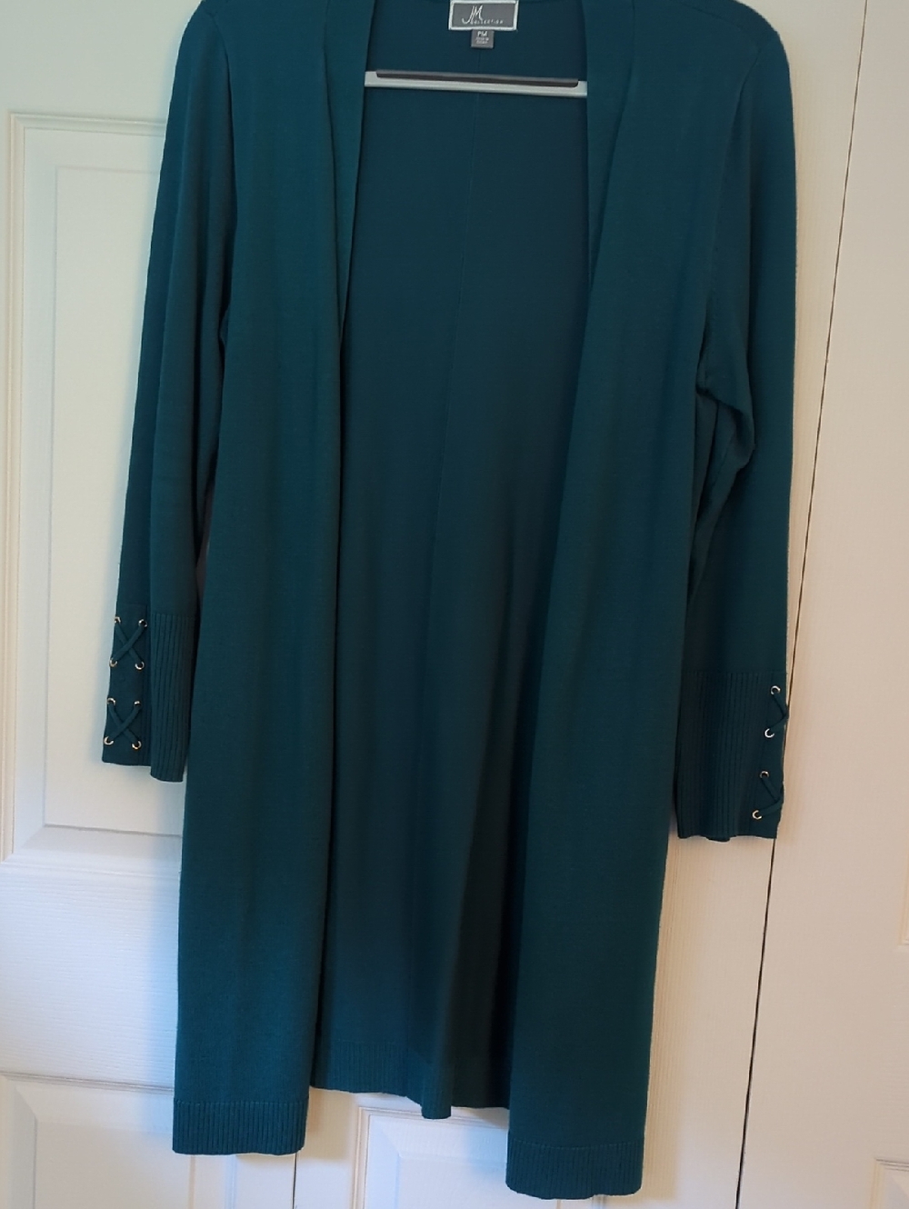 JM Collection Teal Open-Front Long Cardigan with Lace-Up Cuff